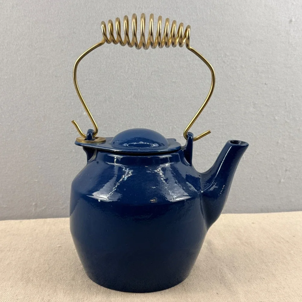 MCM‎ Blue Enamel Cast Iron Teapot Spring Handle Quistgaard Style Danish Modern